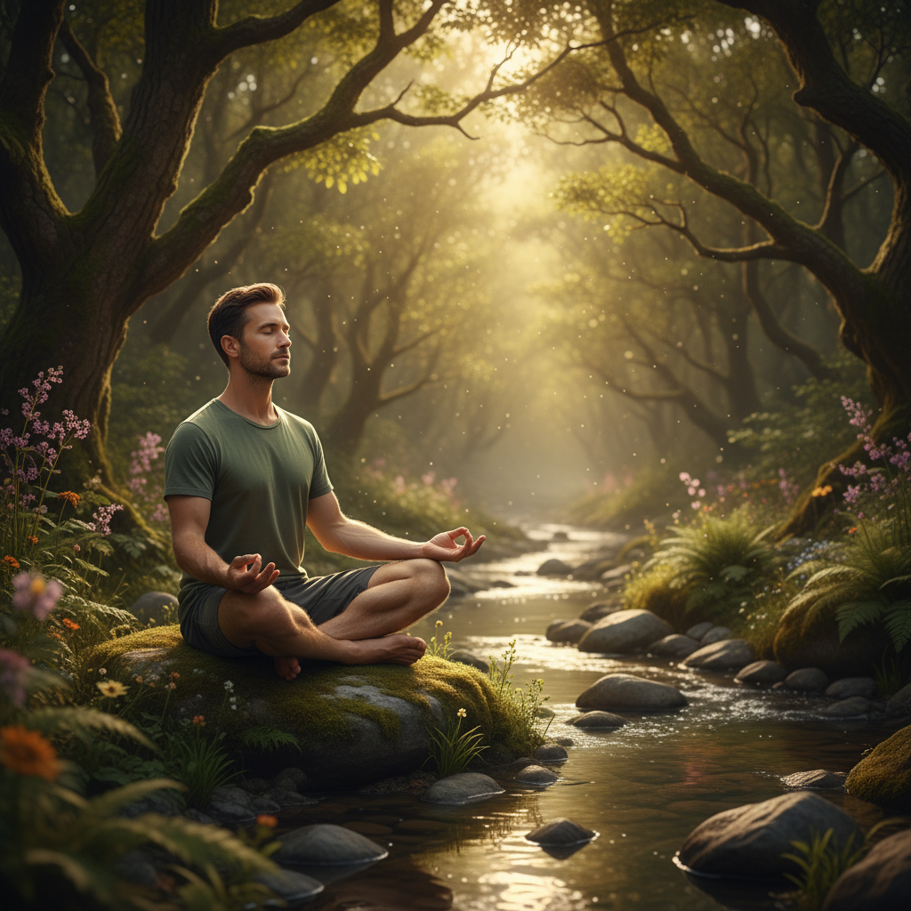 Homme en position de méditation douce dans un environnement naturel et calme, la lumière du soleil filtrant à travers les arbres, posture détendue et attentive