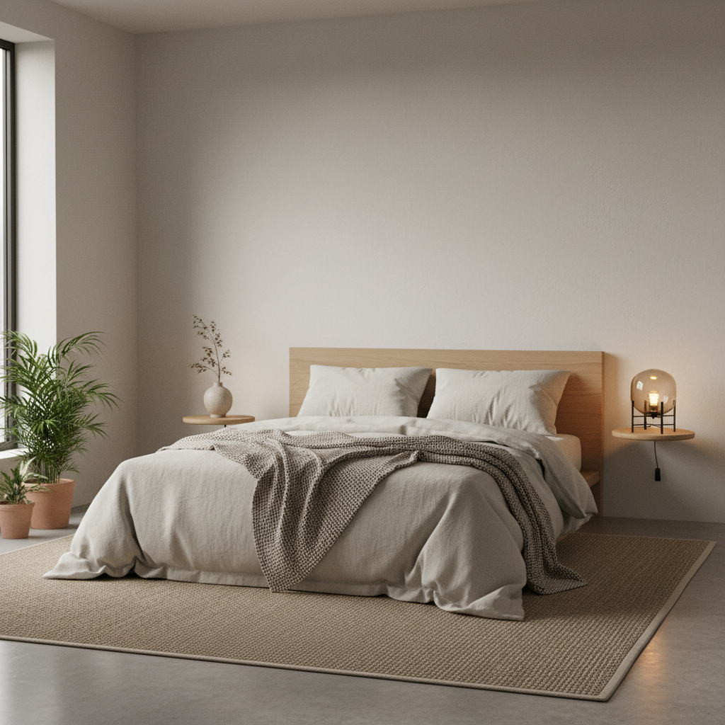 Chambre à coucher sereine et épurée, avec un éclairage doux et des draps en lin, suggérant le repos et la tranquillité d'un environnement propice au sommeil de qualité