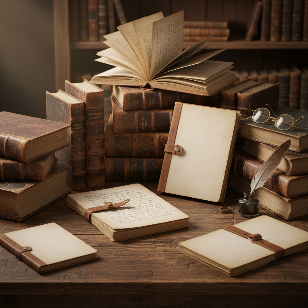 Collection de livres anciens ou de carnets de notes, symbolisant la richesse des connaissances partagées, posés sur une surface en bois avec une lumière douce et studiée