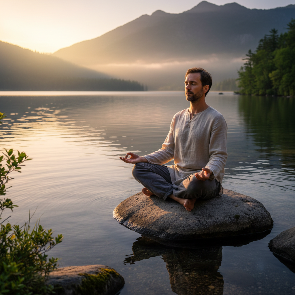 Homme assis en position de méditation sur une roche plate au bord d'un lac de montagne suisse, les yeux fermés, dans une posture de calme profond, entouré d'une nature silencieuse et lumineuse