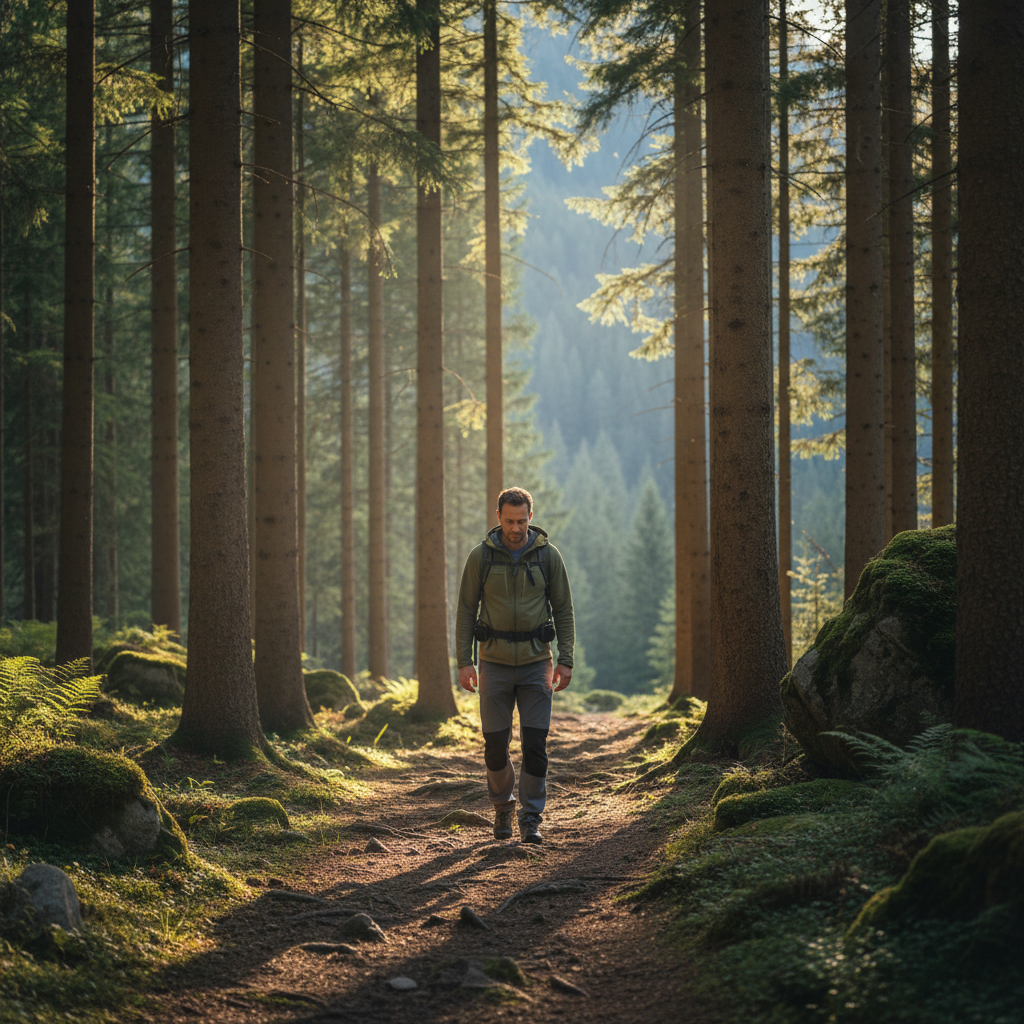 Homme marchant sur un sentier forestier suisse au milieu des pins, lumière matinale filtrant à travers les arbres, sac à dos léger, démarche détendue et contemplative