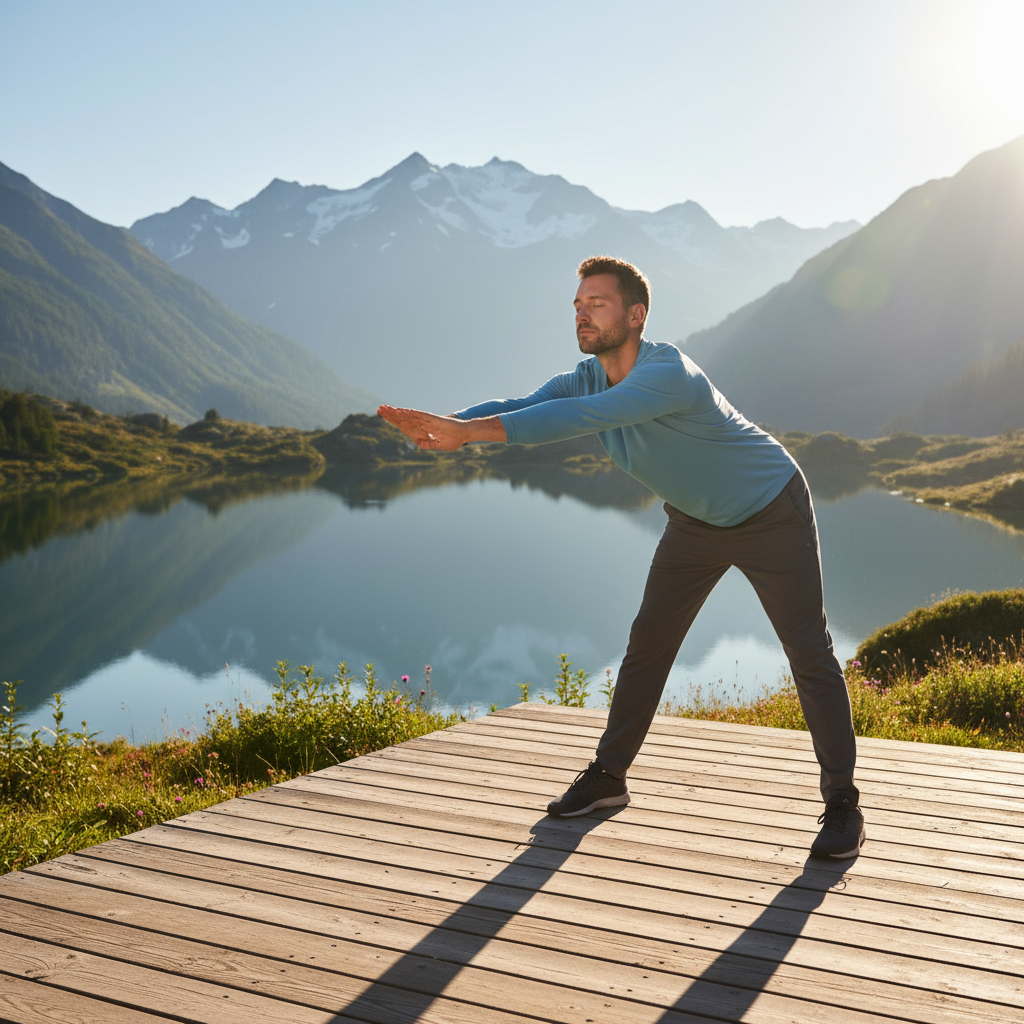 Homme réalisant des étirements doux en plein air sur une terrasse en bois surplombant un lac alpin, posture calme et concentrée, lumière dorée du matin
